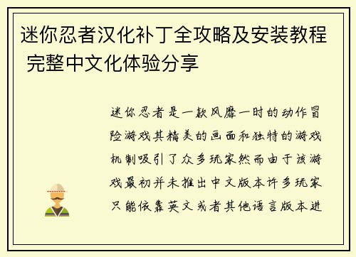 迷你忍者汉化补丁全攻略及安装教程 完整中文化体验分享